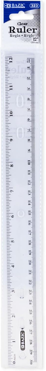 BAZIC Plastic Clear Rulers 12 inch (30cm), Inches Centimeter Metric Ruler Measuring Long Ruler, Straight Edge Ruler for Students School Supplies, 1-Pack