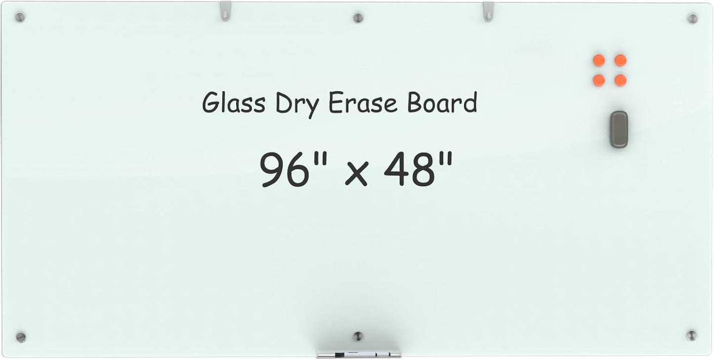 Large Glass Dry Erase Board, 96 x 48 Inches Magnetic Glass Whiteboard for Wall, 8' x 4' Frameless Board for Office, Home, School