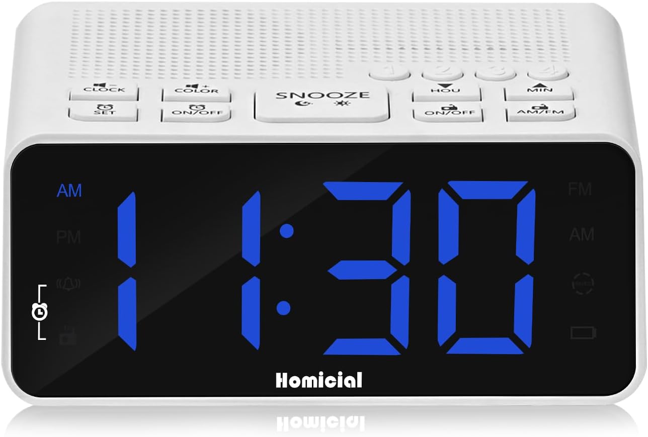 Digital Alarm Clock Radio with AM/FM Radio, Multi-Colors 1.4” LED Digits, Preset, Sleep Timer and Clear Display with Dimmer for Bedroom Bedside, Outlet Powered with Battery Backup (White)