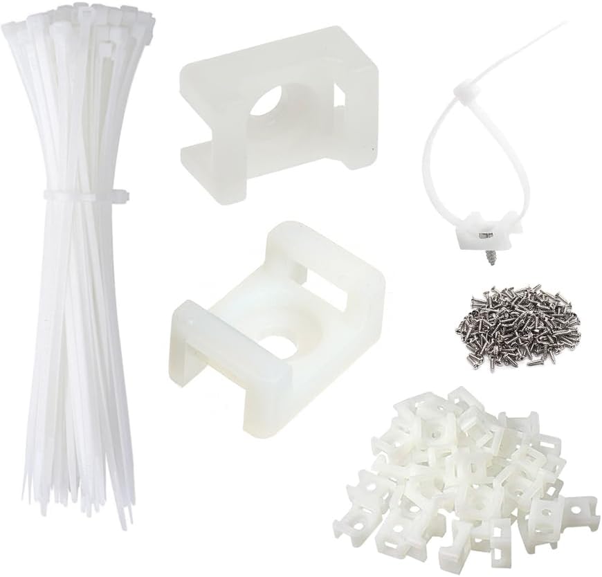 Cable Zip Tie Mounts Kit - 120 Set Wire Cable Clips Organizer Holders with 8" Cable Ties, Saddle Type Mounts Base and Tapping Screw, White