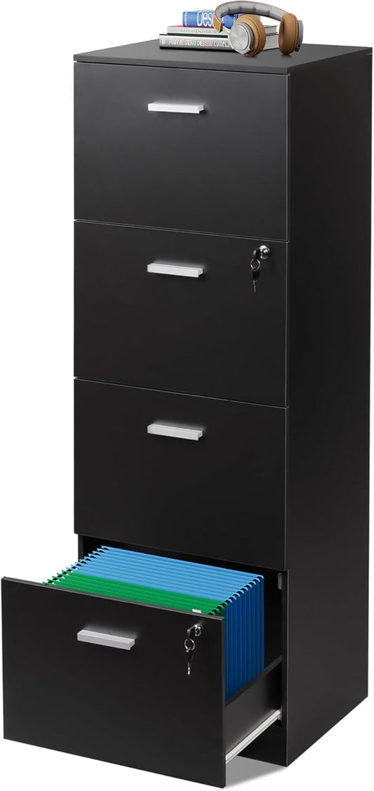 DEVAISE 4 Drawer File Cabinet with Lock, Vertical Filing Cabinet for A4/Letter Size Files, Wood Storage Organizer for Home Office, Black