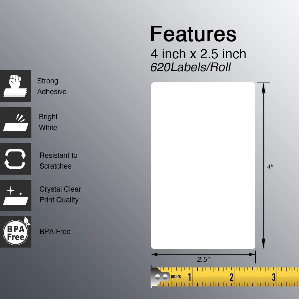 BETCKEY - 4" x 2.5" (102 mm x 64 mm) Shipping & Multipurpose Labels Compatible with Zebra & Rollo Label Printer,Premium Adhesive & Perforated [1 Rolls, 620 Labels]