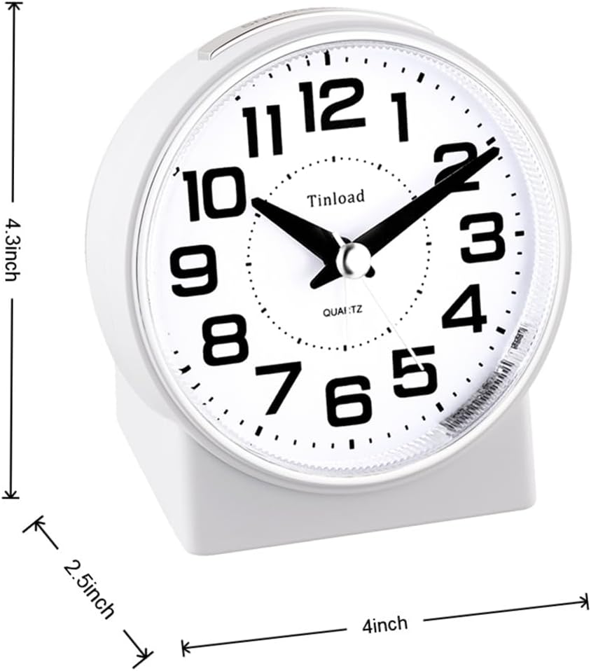 4.3" No Ticking Analog Alarm Clock,Silent Readable for Seniors,Easy to Set,Gradual Rise Alarm,Big Numbers,On/Off Switch on Side,Gentle Wake,Snooze,Lighted on Demand,Battery Operated,White