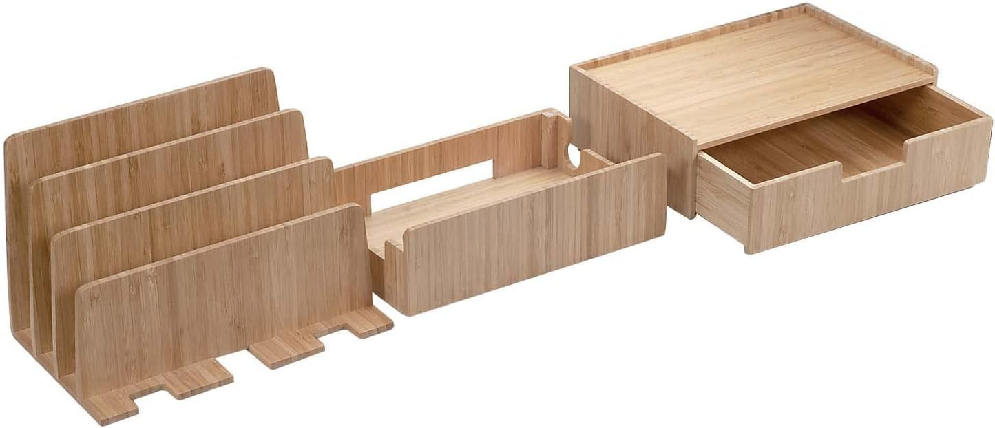 Charging Station Stand Combo with Bamboo Drawer; Extra Storage for Smartphones, Tablets, Laptops & Organizer for Office Supplies and Stationary Items