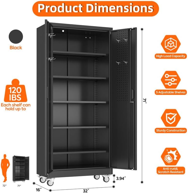 Aobabo Upgraded 71''H Metal Garage Storage Cabinet with Wheels and Door Pegboard,Steel Cabinets with 2 Doors and 5 Adjustable Shelves for Home Office,Required Assembly,Black