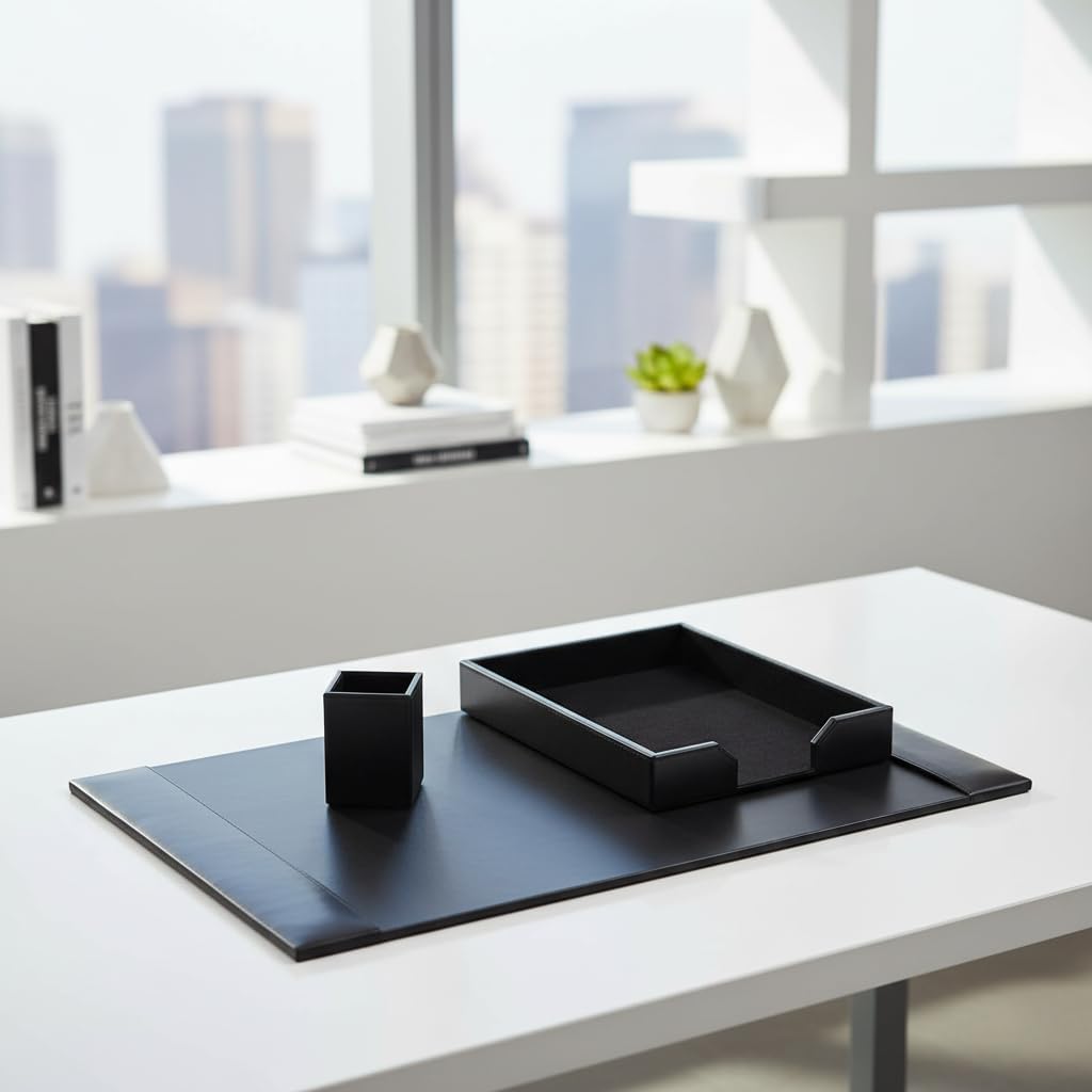 Dacasso Black Bonded Leather Luxury 3 Piece Desk Set - Blotter Pad & Desk Mat Organization Essentials - Executive Decor and Surface Protector