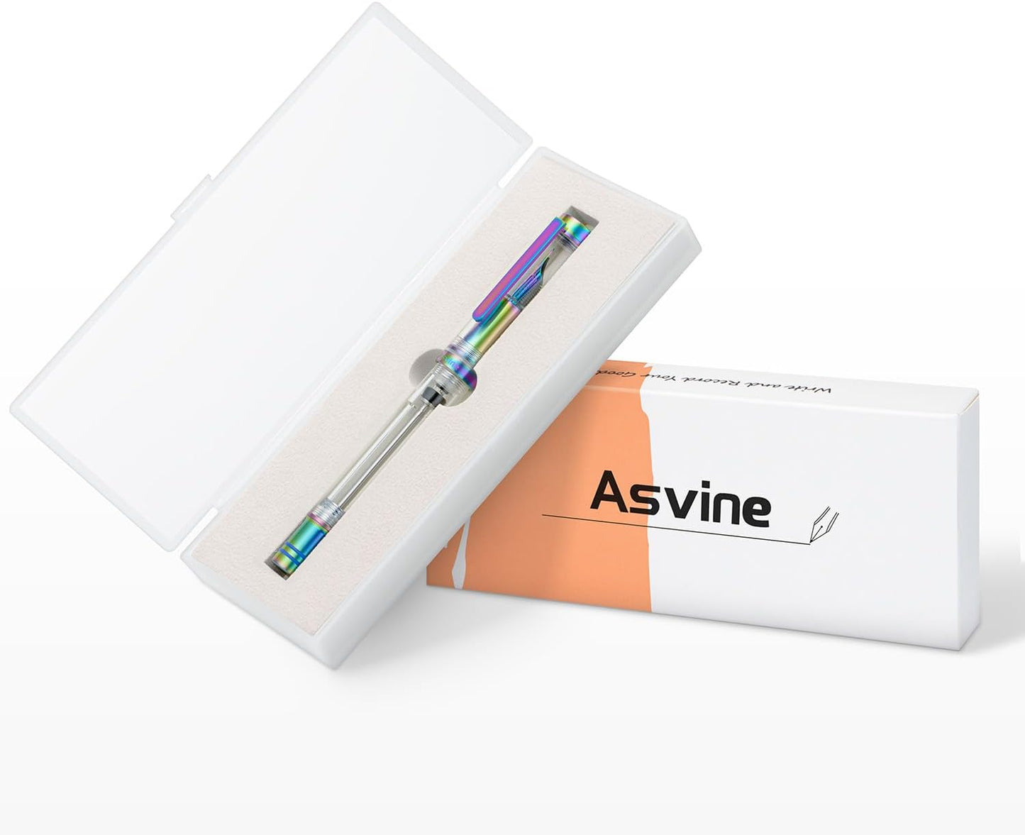 Asvine V200 Titanium Fountain Pen Vacuum Filling, Rainbow Bock Fine Nib Transparent Acrylic Smooth Writing Pen Case Set