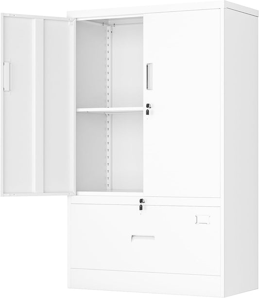 Greenvelly Metal Storage Cabinet,White Steel Lockable Lateral File Cabinet with Doors and Shelves for Home Office Hanging Files Letter/Legal/F4/A4 Size