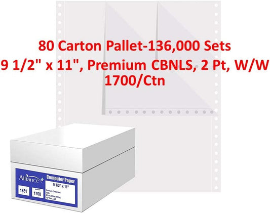 Alliance Continuous Carbonless Computer Paper 9.5 x 11, Blank Left and Right Perforated, 15 lb (2-Part White/White 1700/Ctn 80 Ctns/Pallet)