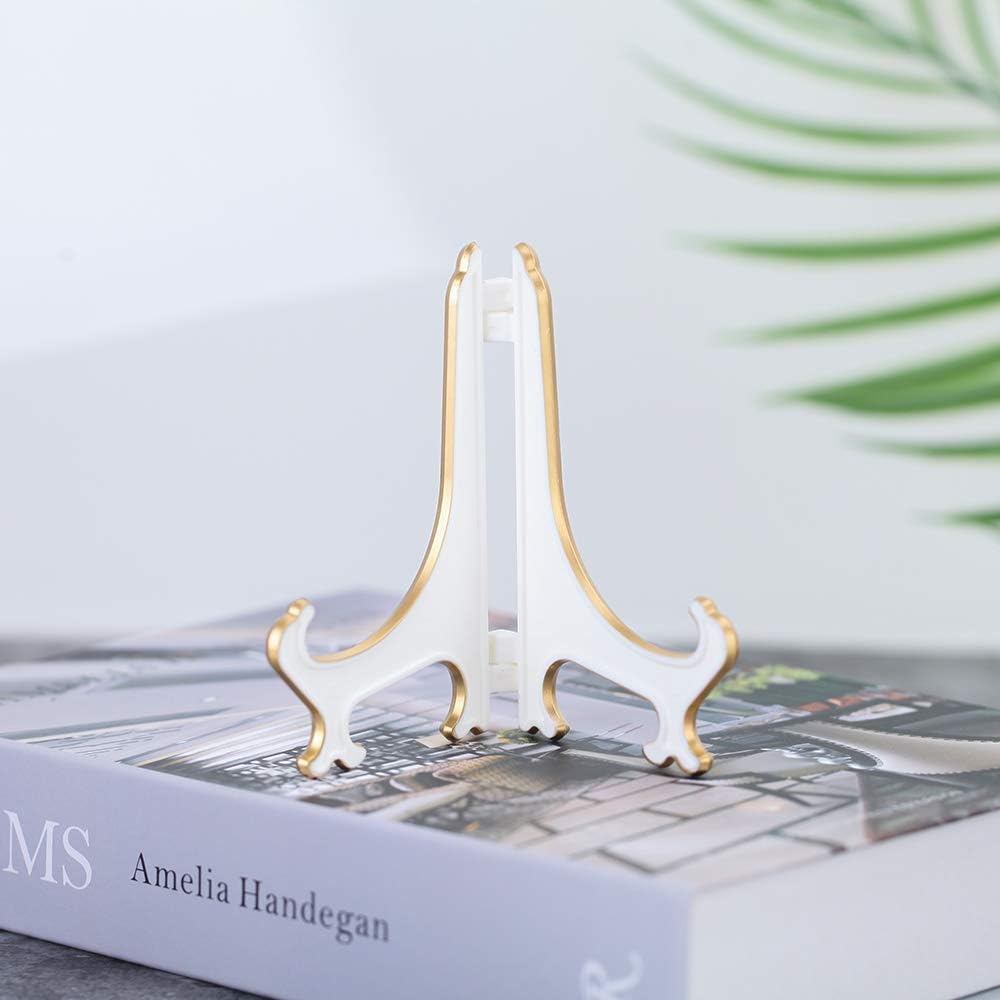 Artliving 4" White Gold Decorative Small Plate Stand Holder Plastic Picture Easel Display Stand Picture Frame Stand (2 Pack)