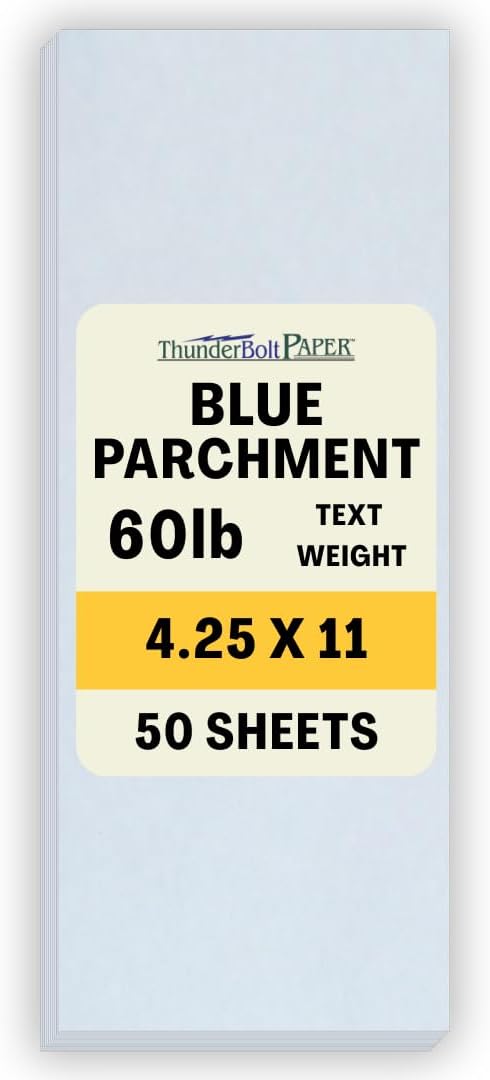 50 Light Blue Old Age Parchment 60# Paper Sheets - 4.25 X 11 Inches Half Letter Size Cut Long - 60 lb/pound Text/Copier/Printer Weight - Vintage Colored Old Parchment Semblance