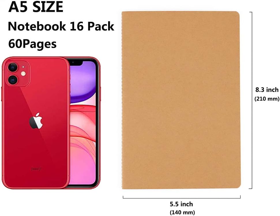 16 Pack Notebook Journals for Travelers, Students and Office, Writing Diary Subject Notebooks Planner with Thick Paper, 60 Pages, 30 Sheets, 8.3x5.5 inch, A5 Size, Travel Journal Set.(Lined)