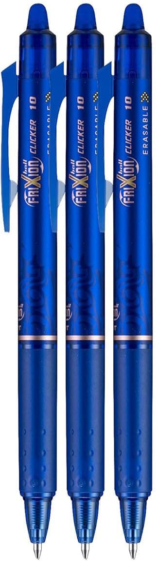 FriXion Clicker Retractable Erasable Gel Pen, Blue, Bold Point, 3-pk; Bundle with Plastic Reusable Pouch