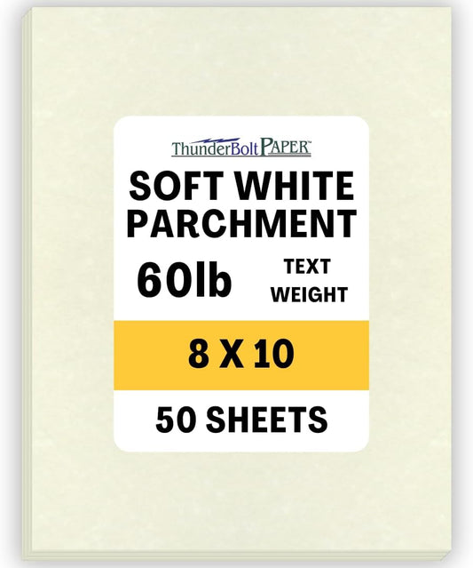 50 Soft White Parchment 60# Text (=24# Bond) Paper Sheets - 8 X 10 Inches Frame and Photo Size Size - 60 Pound is Not Card Weight - Vintage Colored Old Parchment Semblance