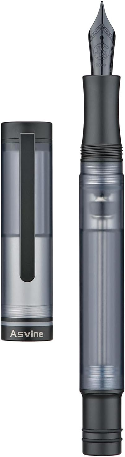 Asvine V200 Titanium Fountain Pen Vacuum Filling, Matte Black Bock Medium Nib Transparent Acrylic Smooth Writing Pen Case Set