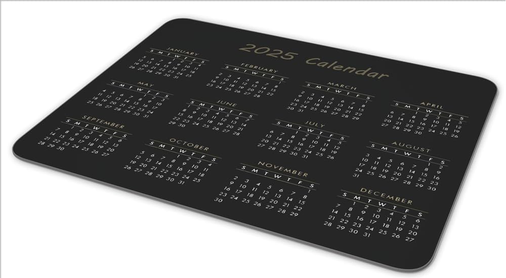 Calendar Mouse Pad, Gaming Mouse Mat with Custom Design, Non-Slip Rubber Base MousePads for Office Home Laptop Travel, 9.5"x7.9"x0.12" Inch (2025 Calendar Black)