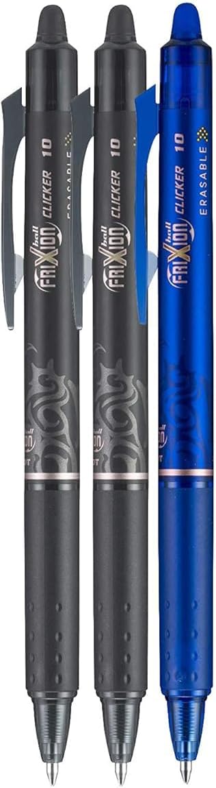 FriXion Clicker Retractable Erasable Gel Pen, Black/Blue, Bold Point, 3-pk; Bundle with Plastic Reusable Pouch
