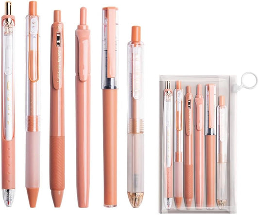 6 Count Pastel Gel Ink Pen Set,Cute Note Taking 0.5mm Fine Point Retractable 5 Count Black Ink Pens with 1 Count Highlighter for Writing, Journaling, School, Office (Caramel Brown)