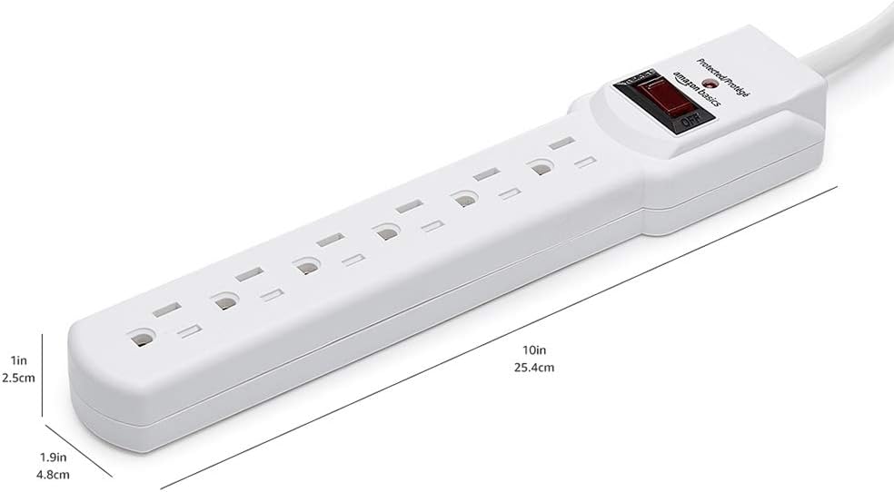 Amazon Basics Surge Protector Power Strip, 6-Outlet with 200J Protection, 2ft Extension Cord, Rectangle, White (2 Pack)