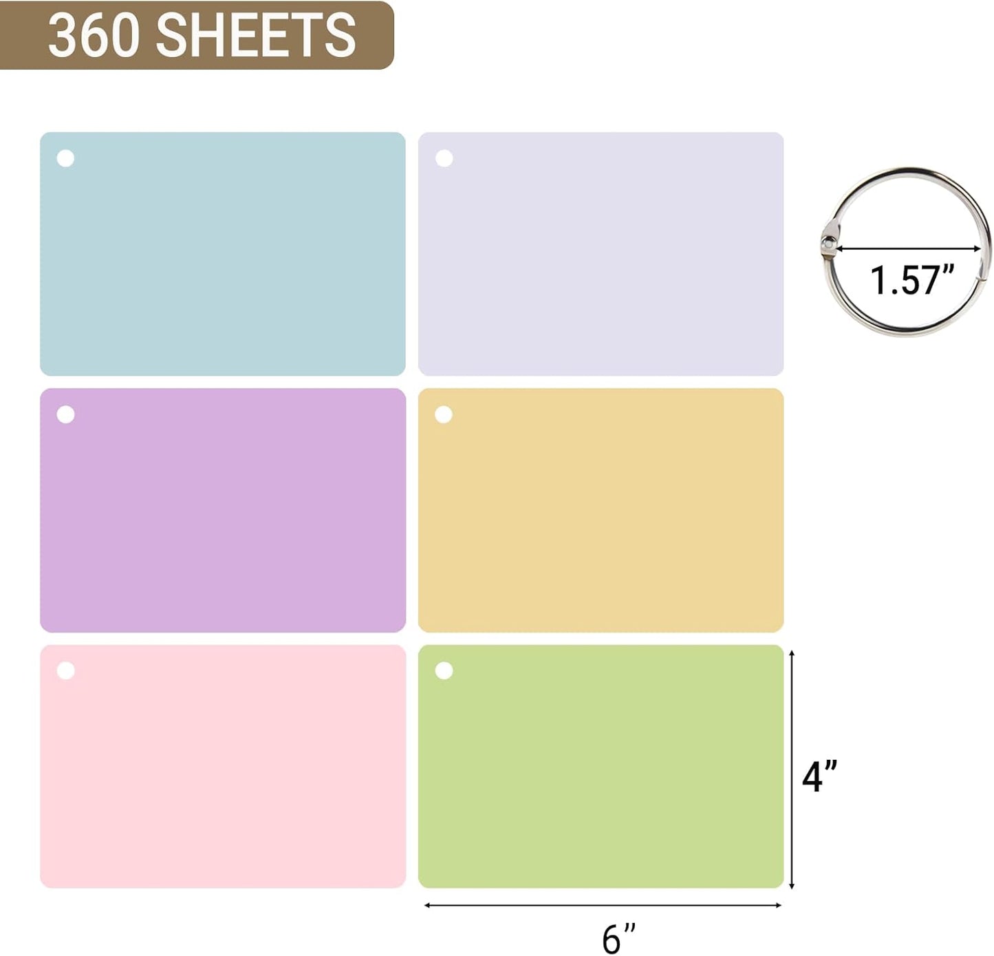 6 Pack Blank Index Cards 4 x 6 Inches, 360 PCS Colored Blank Index Flashcards Blank Flash Cards with Rings, Note Cards Punched for Study, Office and Home