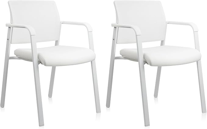 CLATINA Stacking Office Chairs | Mesh Back, Thicken Leather Seat and Arms, Ergonomic Lumbar Support | Guest Reception, Waiting, Conference, School, Party, Customer, Side, Stationary | Set of 2, White