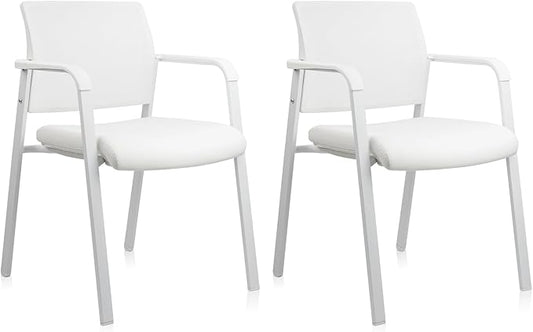CLATINA Stacking Office Chairs | Mesh Back, Thicken Leather Seat and Arms, Ergonomic Lumbar Support | Guest Reception, Waiting, Conference, School, Party, Customer, Side, Stationary | Set of 2, White