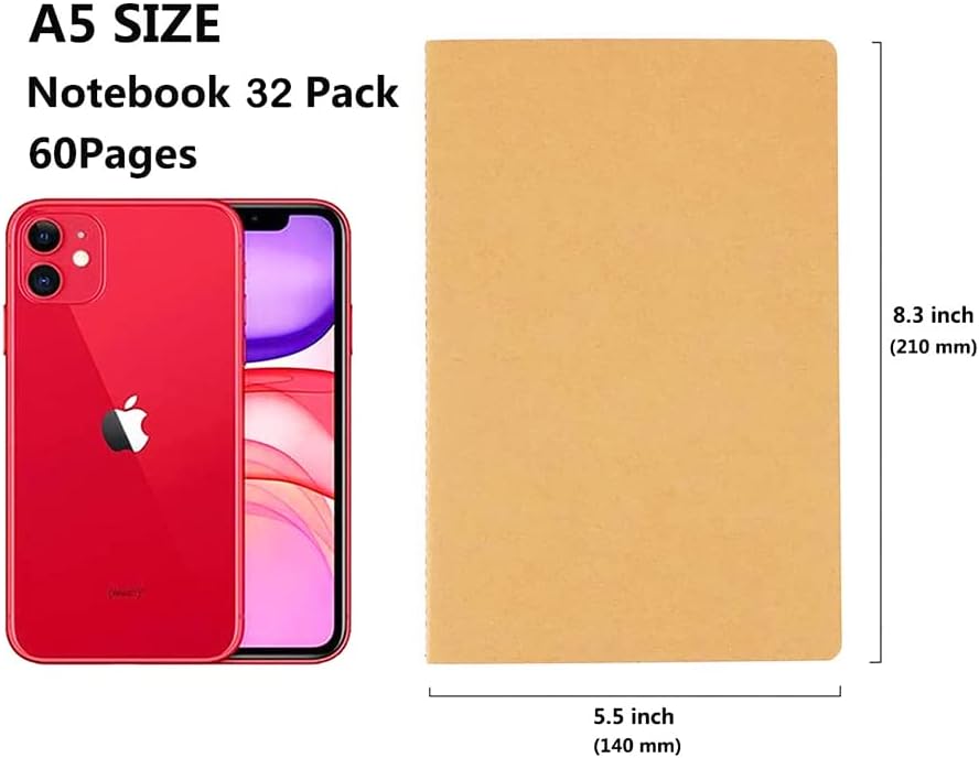 32 Pack Notebook Journals for Travelers, Students and Office, Writing Diary Subject Notebooks Planner with Thick Paper, 60 Pages, 30 Sheets, 8.3x5.5 inch, A5 Size, Travel Journal Set (Blank)