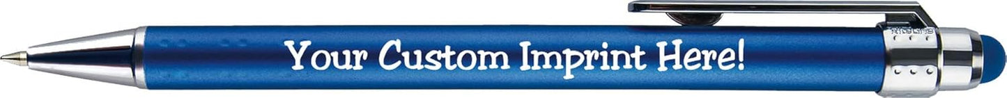 Personalized Pens with Stylus Tip -Bright Vibes- Click action - Custom - Black writing - Printed Name pens - Imprinted with Your Logo or Message - FREE PERSONALIZATION - 12 Pens/Box (Blue)