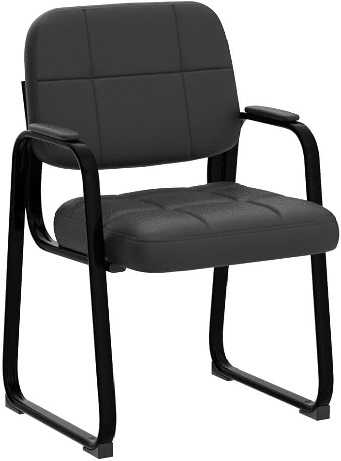 CLATINA Waiting Room Guest Chair with Bonded Leather Padded Arm Rest for Office Reception and Conference Desk Black with Sled Base 2 Pack