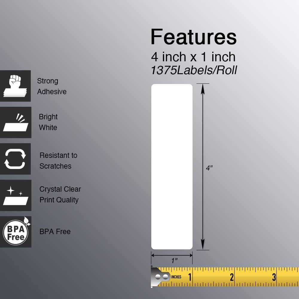 BETCKEY - 4" x 1" (102 mm x 25 mm) Multipurpose Labels Compatible with Zebra & Rollo Label Printer,Premium Adhesive & Perforated [6 Rolls, 8250 Labels]