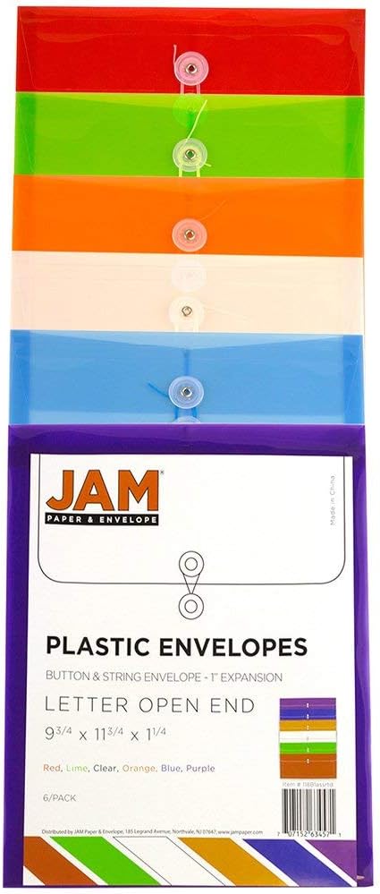 JAM PAPER Plastic Envelopes with Button & String Tie Closure - Letter Open End - 9 3/4 x 11 3/4 - Assorted Colors - 6/Pack