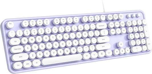 Wired Keyboard, Full-Sized Typewriter Keyboards, USB Plug and Play Office Keyboard with Number Pad, Caps Indicators, Foldable Stands for Windows, PC, Laptop, Desktop (Purple-White)