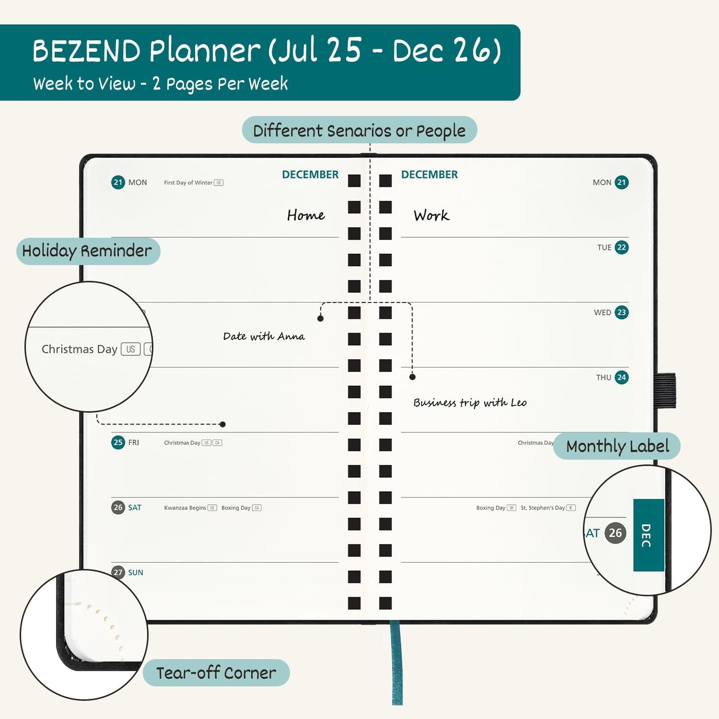 BEZEND Pocket Planner 2025-2026 Weekly with 2 Columns, 18-Month Academic Calendar (Jul 25-Dec 26), Life Work App., Storage Pocket, Pen Holder, PU Leather Softcover 3.5" x 6" Spiral - Evergreen