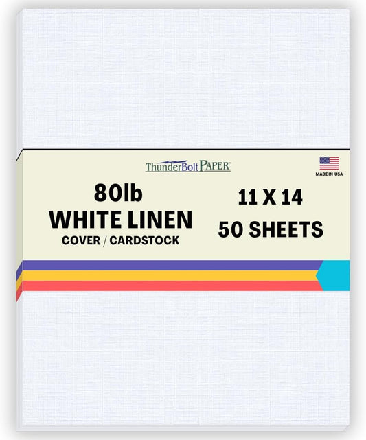 50 White Linen 80# Cover Paper Sheets - 11" X 14" (11X14 Inches) Scrapbook|Picture-Frame Size - 80 lb/pound Card Weight - Fine Linen Textured Finish - Quality Cardstock