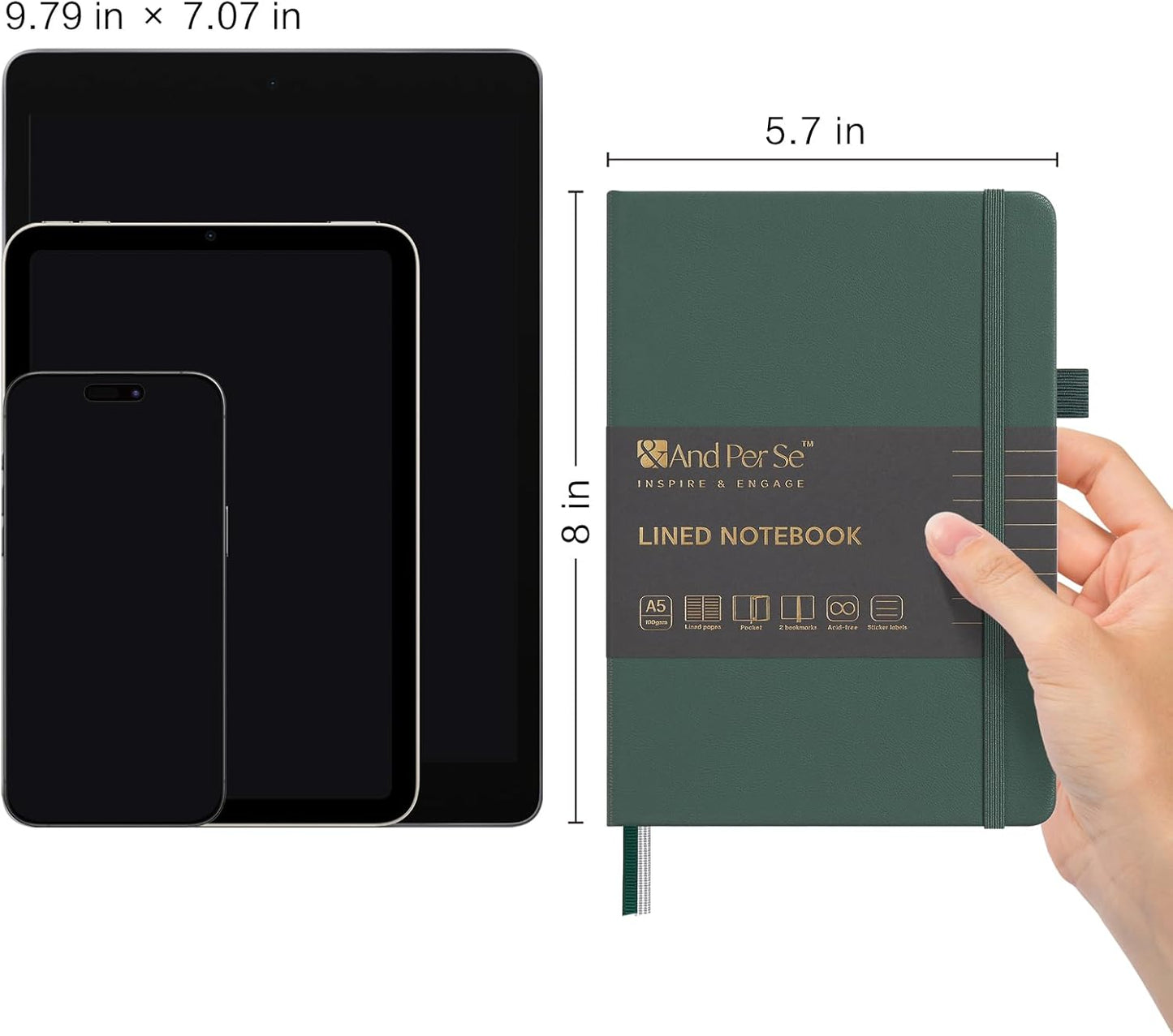 &And Per Se Lined Journal Notebook (5 Packs), 160 Pages, A5 5.7 x 8 inches College Ruled Thick Paper Notebook Journals for Writing, Hardcover Notebooks for Women Men Office School (Green)