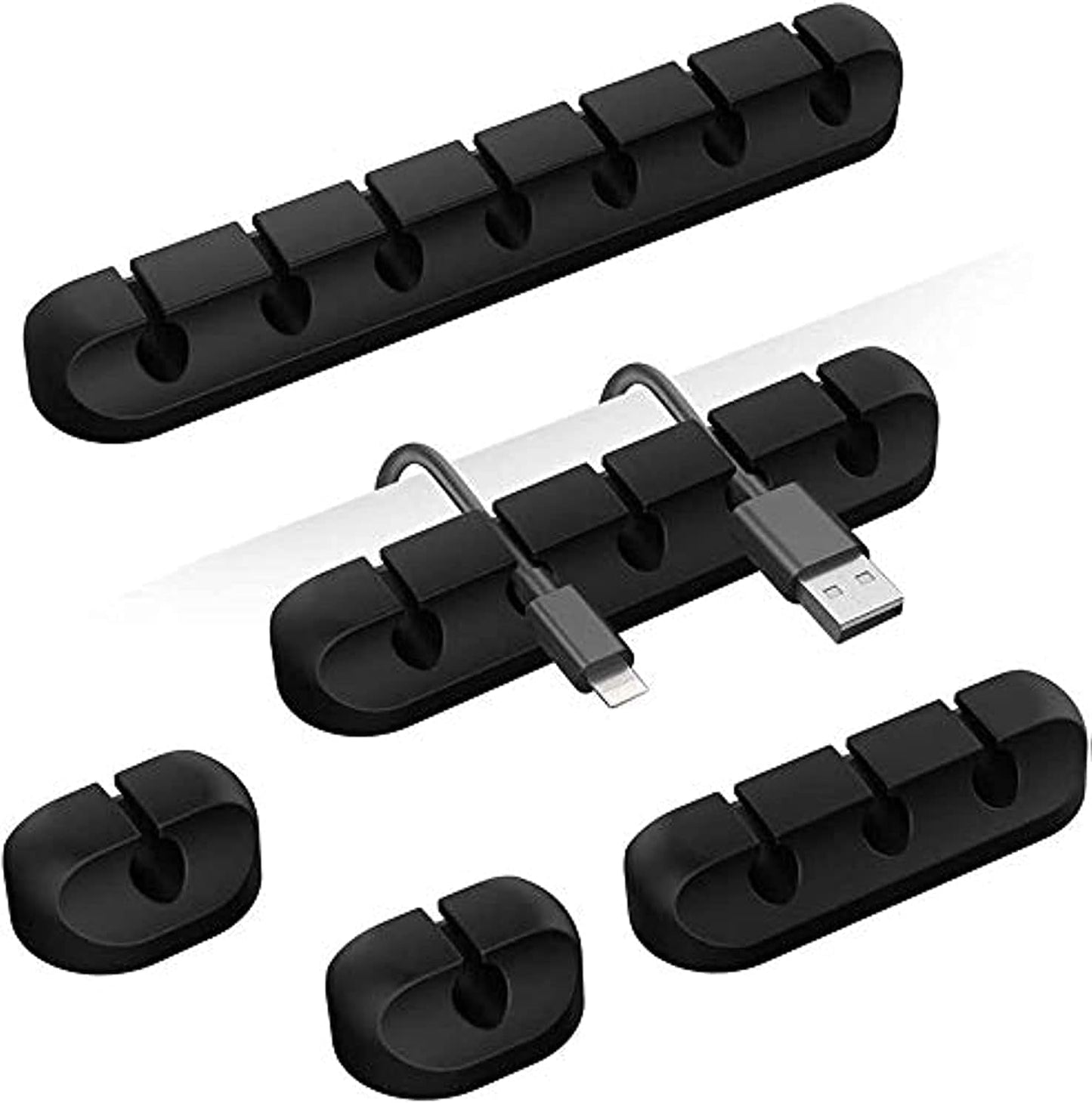 Cord Holder Cable Organizer Clips – Self Adhesive Cord Organizer for Desk, Car, Nightstands, Office, Black Silicone Cord Keeper Cable Clips Wire Holders for Charger Cords (7-5-3-1-1 Slots)