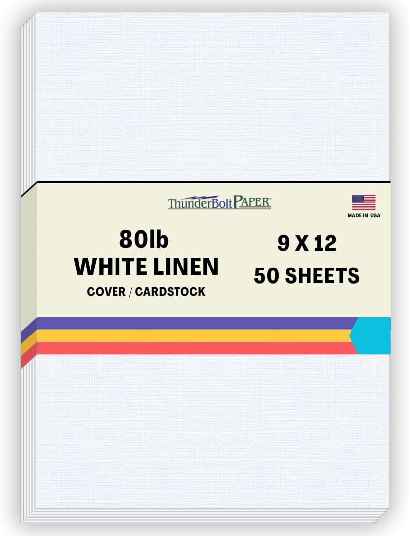 50 Bright White Linen 80# Cover Paper Sheets - 9 X 12 Inches Frame and Sketch Pad Size - 80 lb/pound Card Weight - Fine Linen Textured Finish Cardstock