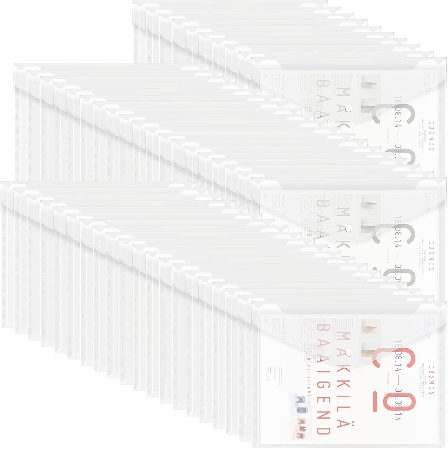 EOOUT 50pcs Plastic Envelopes with Button Snap Closure, Clear Poly Folders for Documents, Waterproof Plastic File Folder, Letter Size, A4 Size, for School and Office Supplies