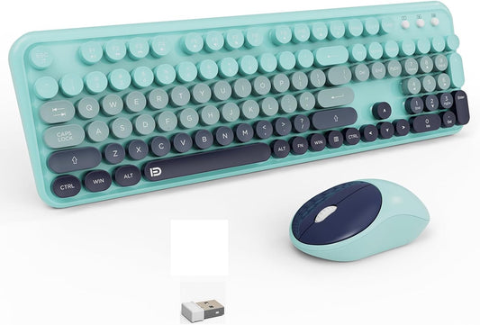 Keyboard and Mouse Wireless,2.4Ghz Retro Typewriter Style Round Keycap,Full Size Wireless Keyboard Mouse Combo,Cute Cordless Keyboard Mouse Set for PC Laptop Desktop Computer-Blue Black Colorful