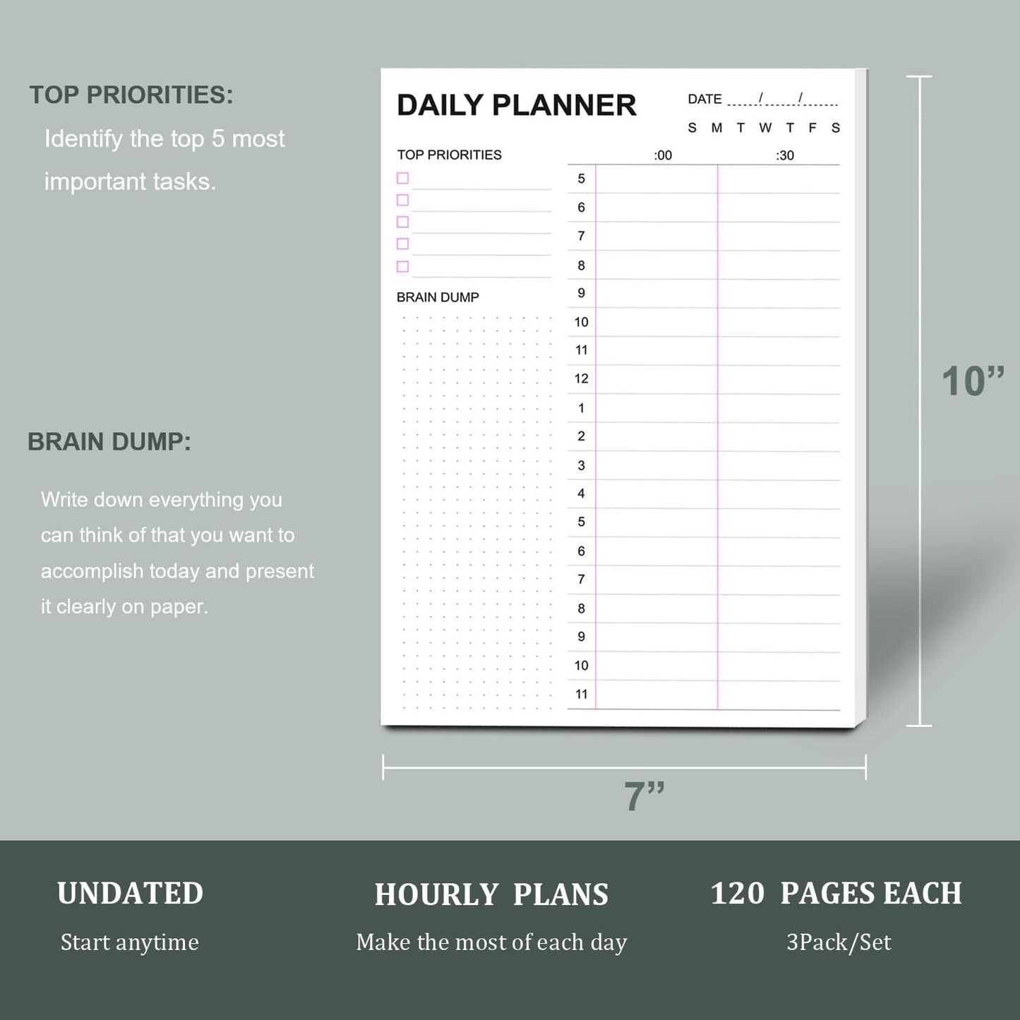 Tiankool To Do List Notepad 3Pack/Set,Daily To Do List with Priorities, Brain Dump, Hourly Scheduler and Notes,Daily Planner Notepad for Work, Study, 60 Tear Off Sheets Planning Pad, 7x10 Inch