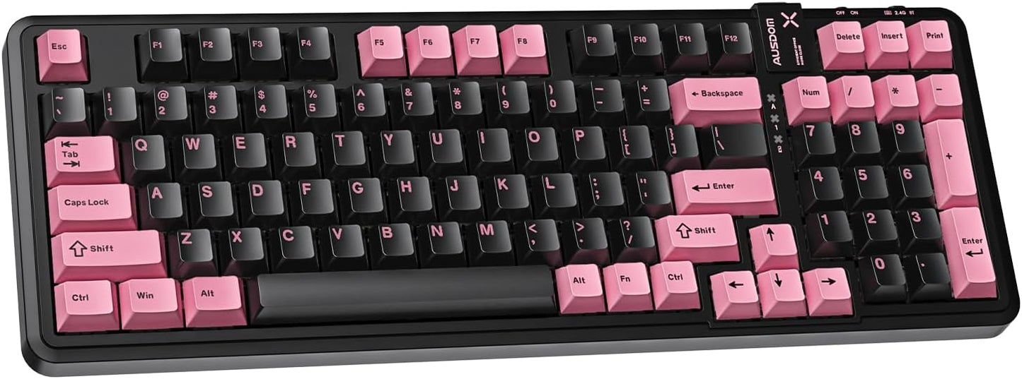 AUSDOM 98Pro Wireless Mechanical Keyboard, Tri-Mode BT/2.4GHz/USB-C Hot Swappable Custom Gaming Keyboard with Backlit, Gasket Structure, Linear Switches for Windows/Mac/PC (Black&Pink 97keys)