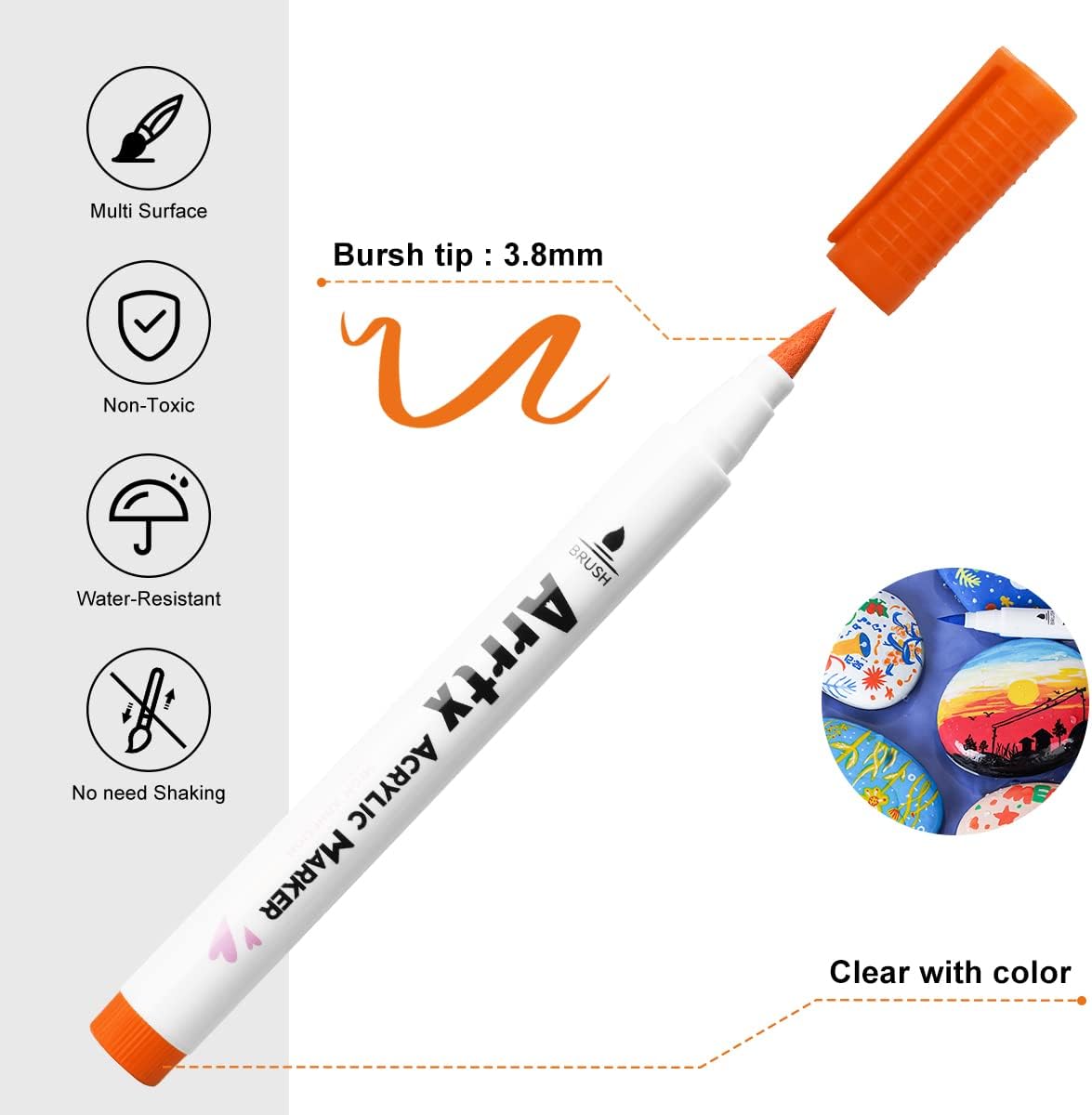 Arrtx 30 Colors Acrylic Paint Pens for Rock Painting, Extra Brush Tip, Water Based Paint Markers for Stone, Glass, Easter Egg, Wood and Fabric Painting-No Toxic,No Odor 30B