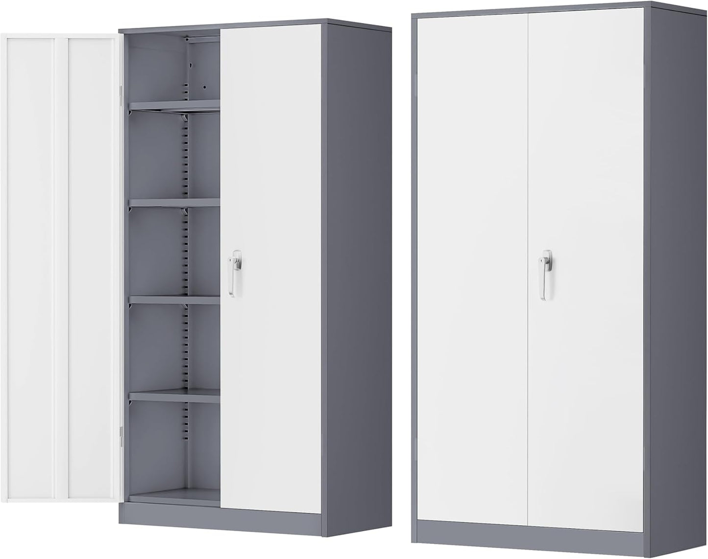INTERGREAT Garage Storage Cabinets with Doors and Shelves,72" Grey White Steel Tool Locking Cabinet, Metal Storage Cabinet for Home Office, Warehouse, School
