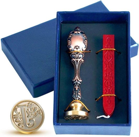 Wax Seal Stamp kit, Envelope Wax Seals DIY Kit - Retro Sealing Wax Candle + Classic Initial Alphabet Seal Wax Seal Stamp Letter J - in Blue Gift Box