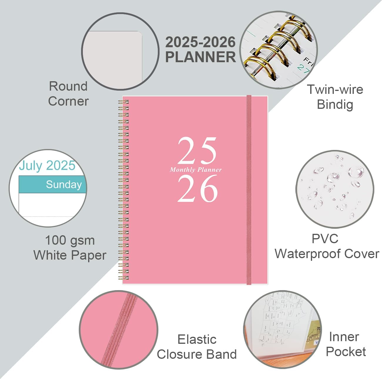 2025-2026 Monthly Planner - 18 Monthly Calendar, July 2025 - December 2026, Two Pages Per Month, 9" x11" Planner with Tabs, Strong Twin-Wire Binding, Inner Pocket, Pink