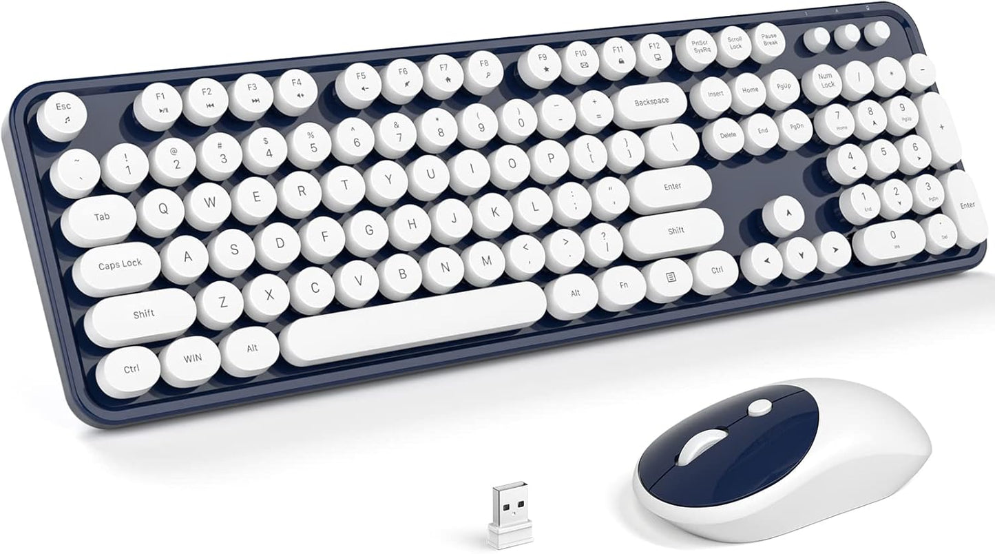 MOFII Wireless Keyboard and Mouse Combo, Computer Full Size 2.4G Plug and Play Wireless Typewriter Retro Round Keyboard and Mouse Set for Windows, Computer, Desktop, PC, Notebook - (Dark Blue)