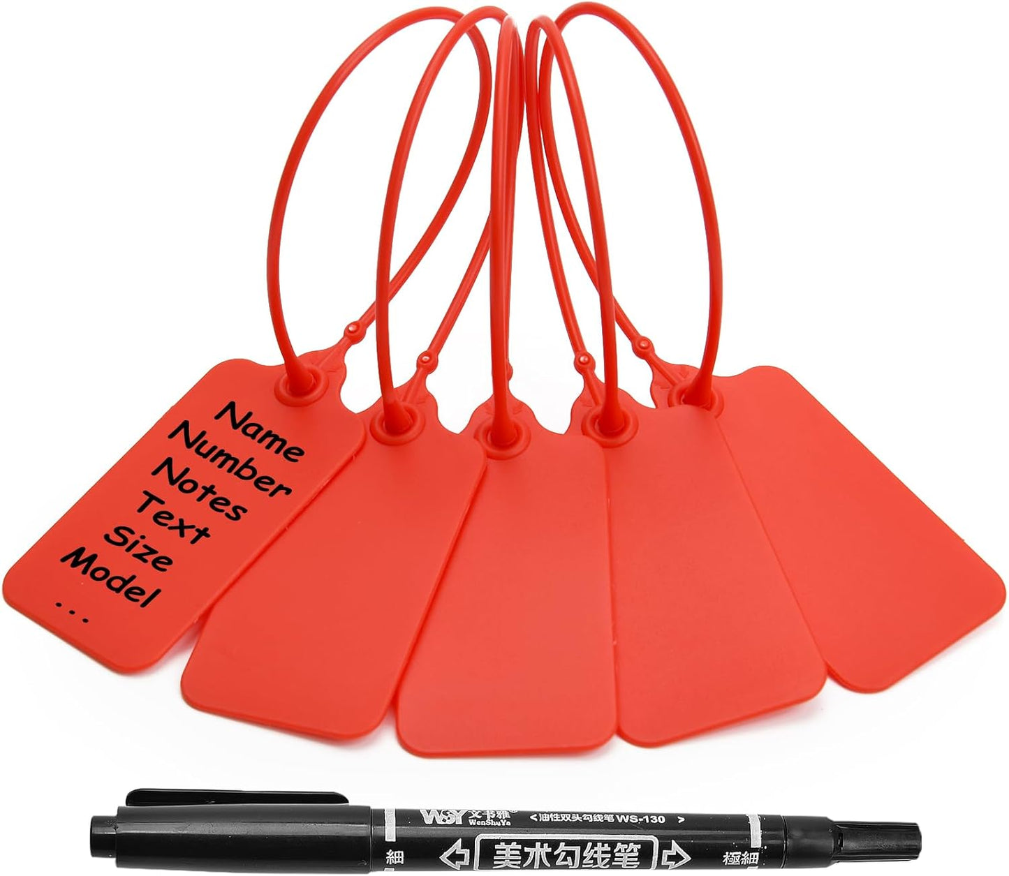 50 Red Blank Plastic Tags for Labeling Waterproof Hanging Labels Writable Tags Seal Plastic Marking Label for Clothes Bags Keys Inventory with One Marker Pen