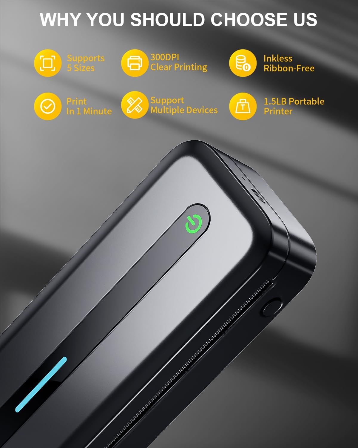 COLORWING Portable Printers Wireless for Travel, 300DPI Mini Compact Inkless Printer, Thermal Bluetooth Printer Compatible with Android and iOS Smartphone & Tablet & Laptop - Black