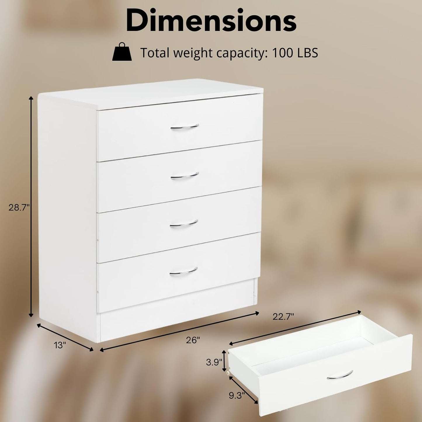 Karl home 4 Drawer Dresser for Bedroom, Small Chests of Drawers Modern Nightstand, White Dresser Chest with 4 Storage Drawers, Dressers for Nursery, Hallway, Living Room, Closet