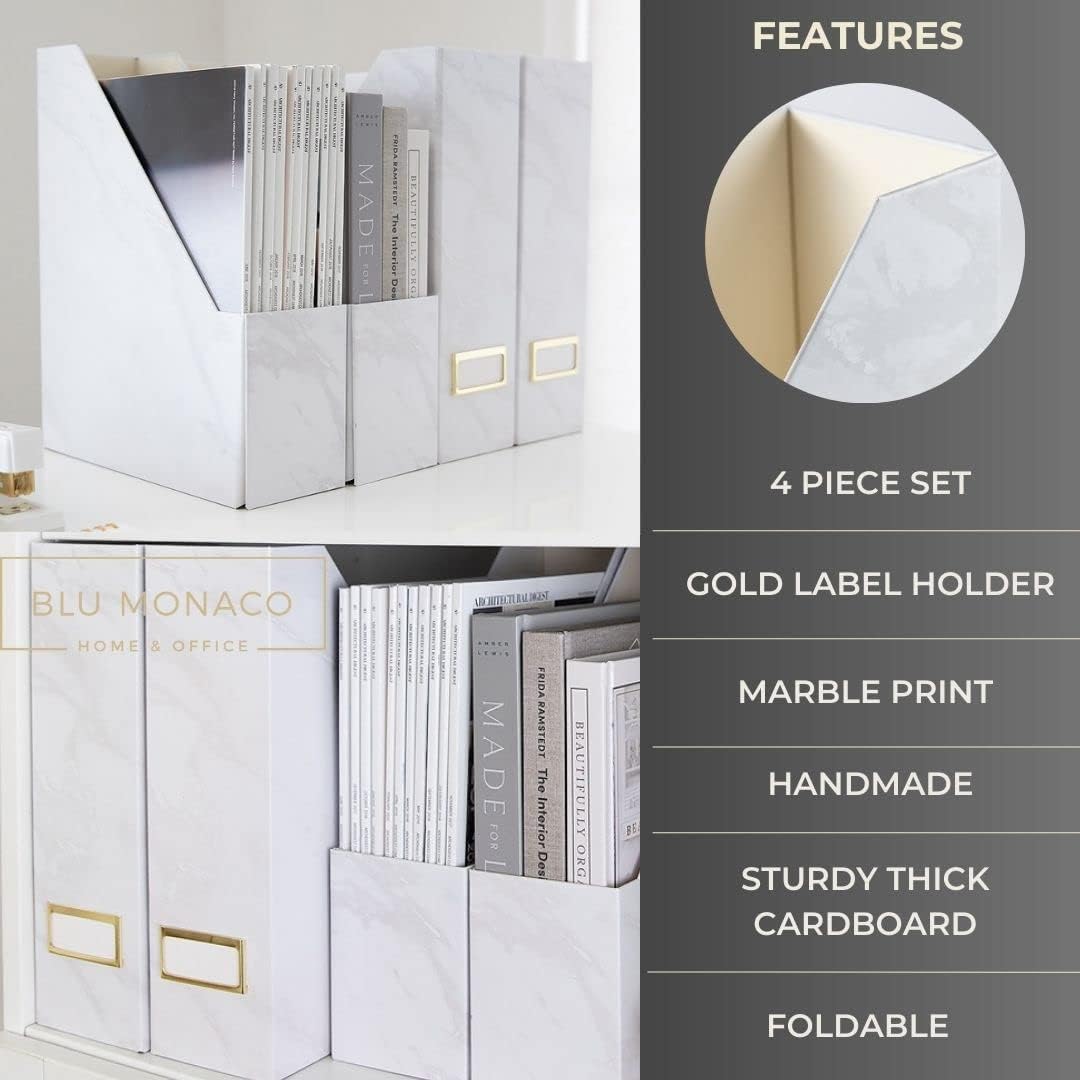 BLU MONACO Set of 4 Magazine Holders, White Marble Design with Gold Label Holders, File Holder for Desk, Magazine Storage for Home Office and Classroom